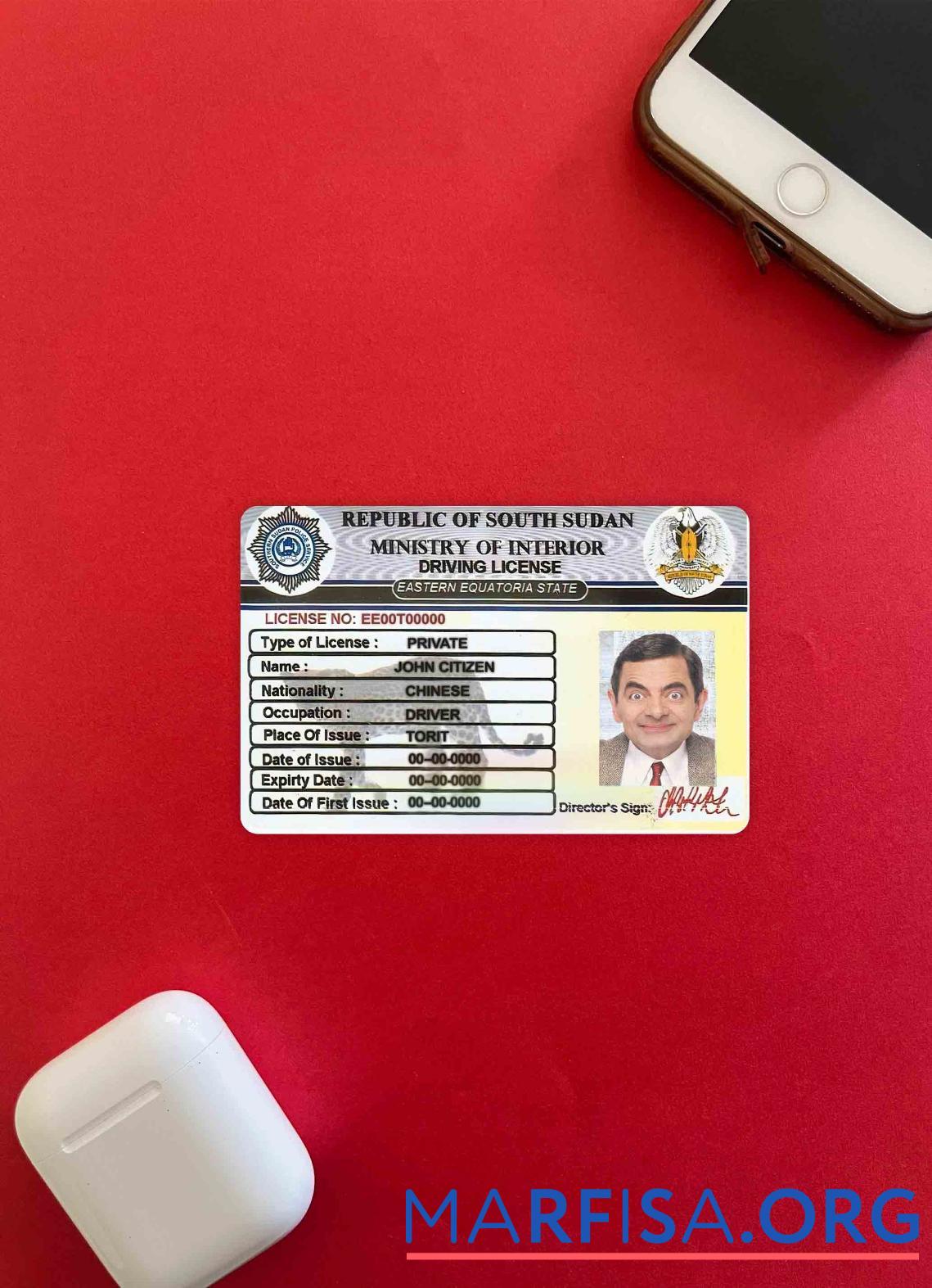 Printable South Sudan driving license photolook example